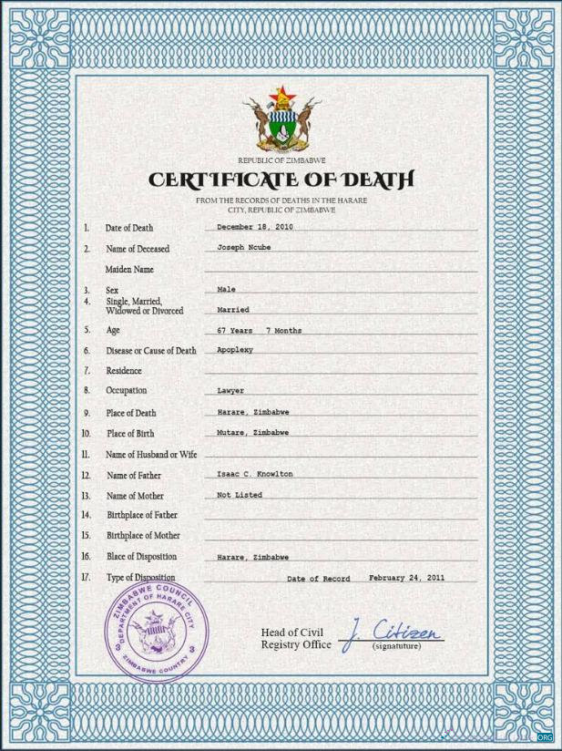 Download Zimbabwe death certificate PSD template Photoshop template